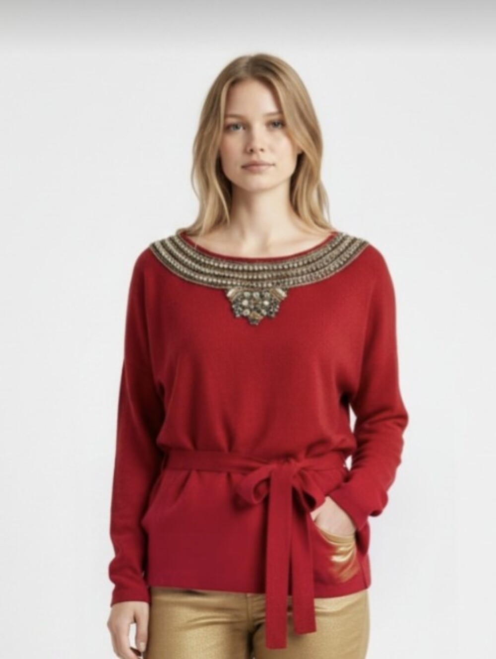 NWT! ONCE AGAIN! RICH RED METALLIC KNIT, BELTED, SEQUINNED & BEADED SWEATER! 1X